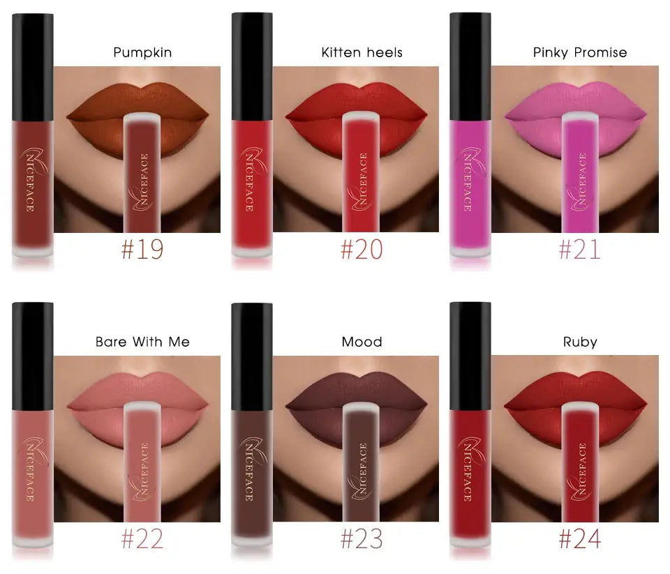 Collection of 26-Color Nude Matte Liquid Lipsticks with vibrant lip swatches by Avy Health