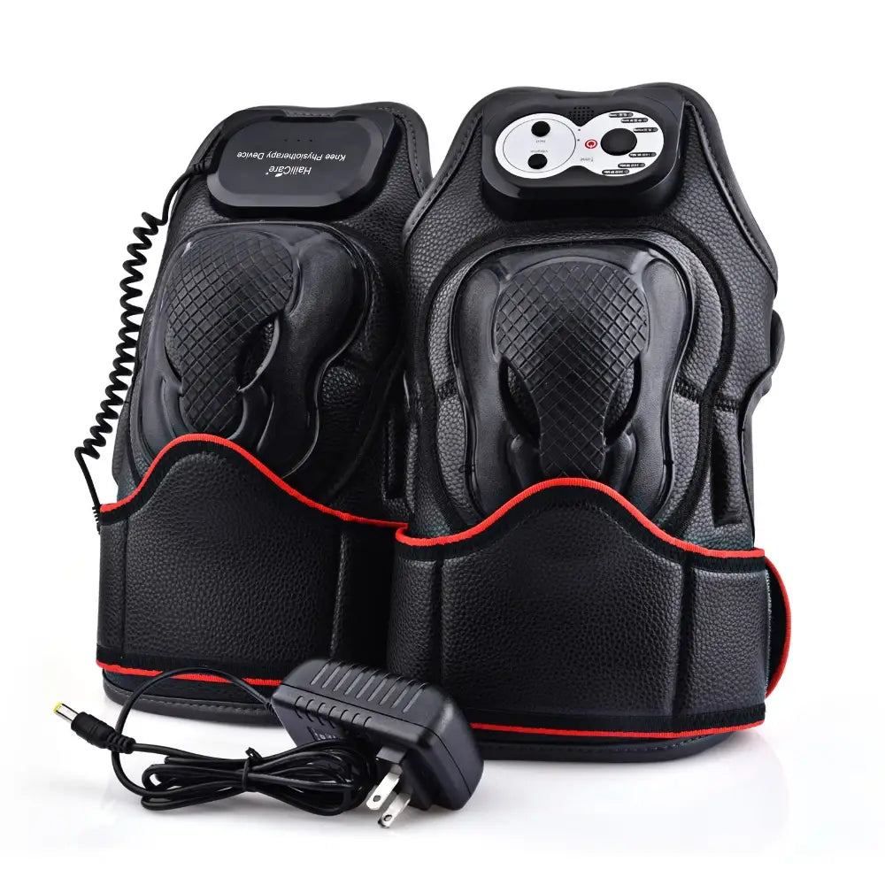 Pair of black Smart Knee Massager pads with red trim for heat therapy and joint health.