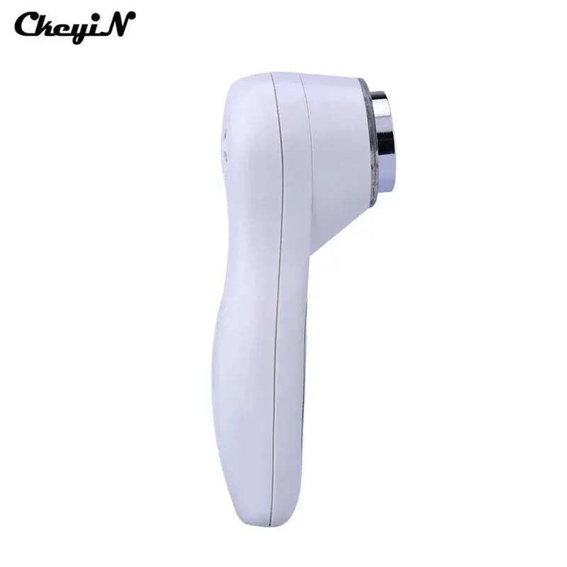 White handheld photon face care device with metallic accents and LED lights.