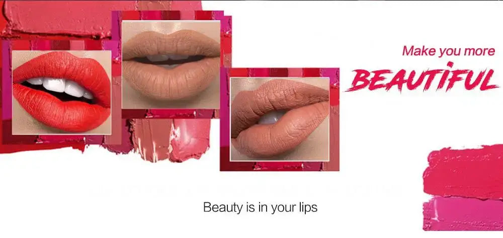 Collage of close-up lips showcasing 26-color nude matte liquid lipstick by Avy Health.