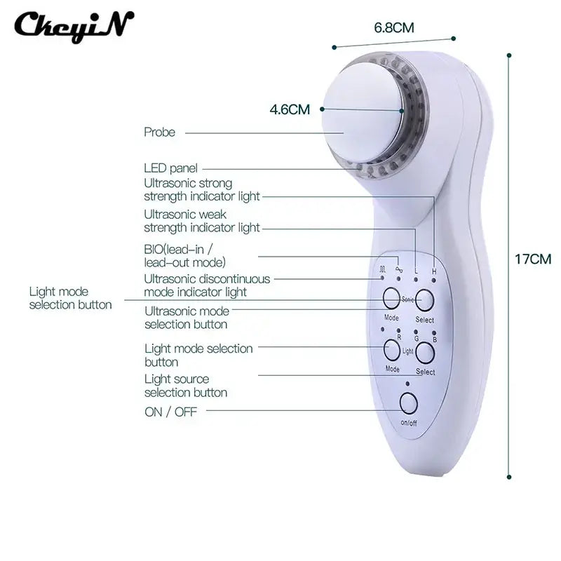 Handheld ultrasonic beauty device with LED panel for photon face care and anti-aging.