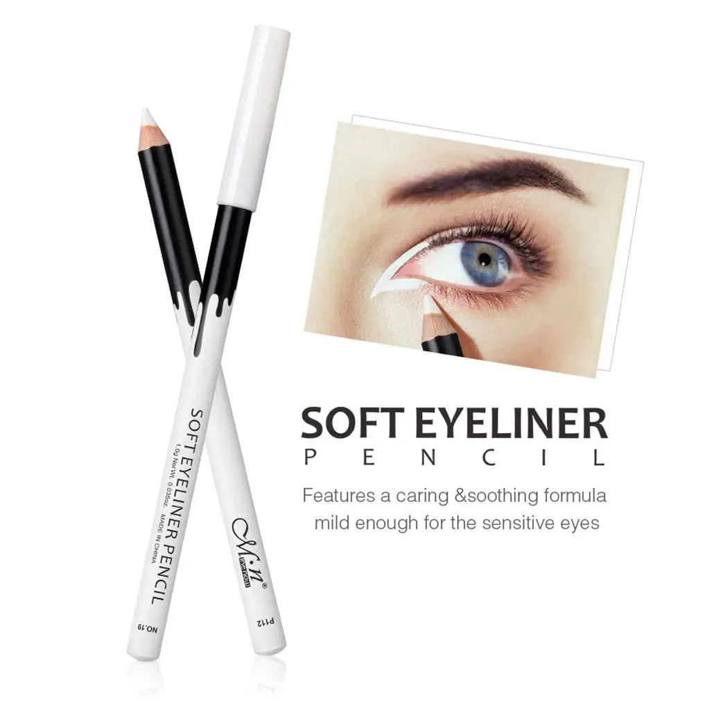 Soft white eyeliner pencil with black tip from 12pcs Long-Lasting Waterproof set.