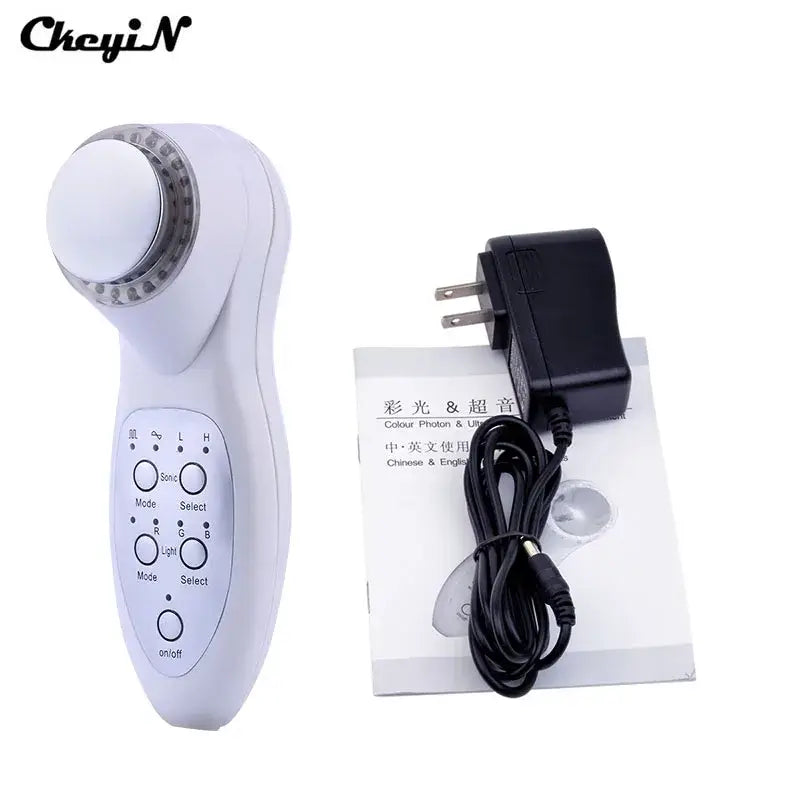 Handheld photon face care device with multiple buttons and a rounded head for anti-aging.