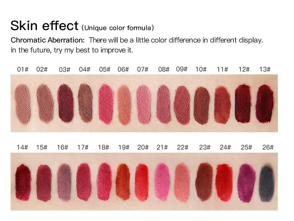 26-Color Nude Matte Liquid Lipstick Set color swatch with various lipstick shades.