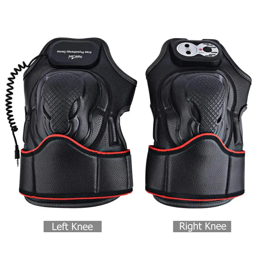 Black knee pads with red trim for Smart Knee Massager and heat therapy enhancing joint health.