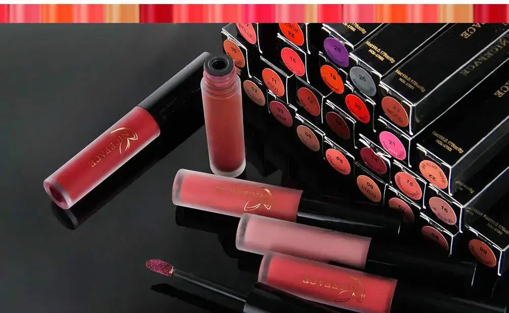 Assortment of makeup products featuring 26-Color Nude Matte Liquid Lipstick Set by Avy Health.