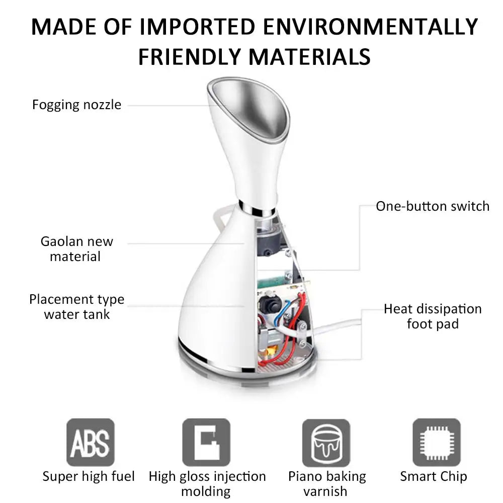 Sleek white Nano Ionic Facial Steamer with labeled parts and feature icons for hot steam facial.