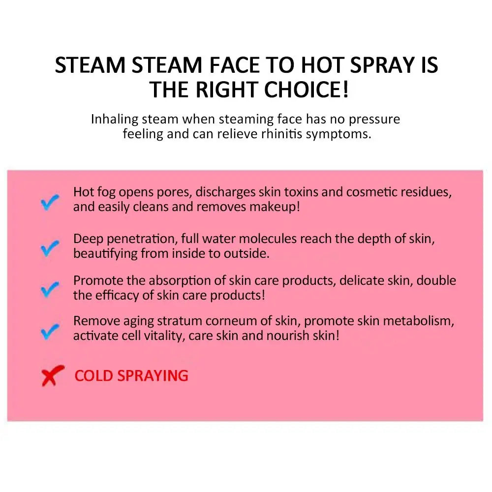 Infographic comparing Nano Ionic Facial Steamer benefits to cold spraying for skincare.