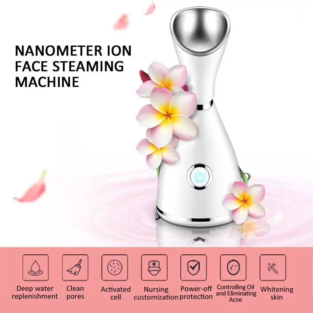 Sleek white Nano Ionic Facial Steamer with floral decor and function icons for skin rejuvenation.