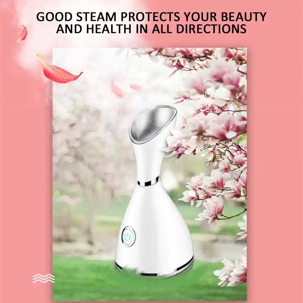 White Nano Ionic Facial Steamer with conical shape and nozzle for hot steam facial.