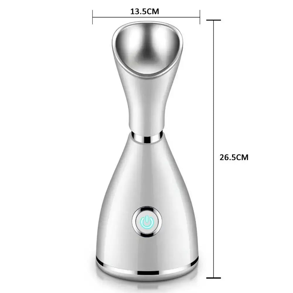 Sleek silver Nano Ionic Facial Steamer with circular button for hot steam facial spray.