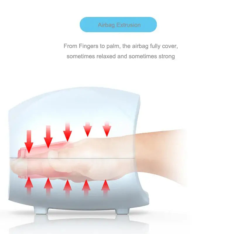 Airbag-like Electric Hand Massager for finger acupoint therapy with adjustable pressure.