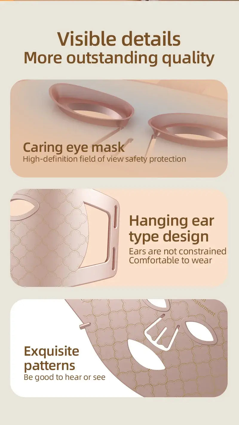 Face mask diagram highlighting eye and ear features of Beauty LED Silicone Mask.