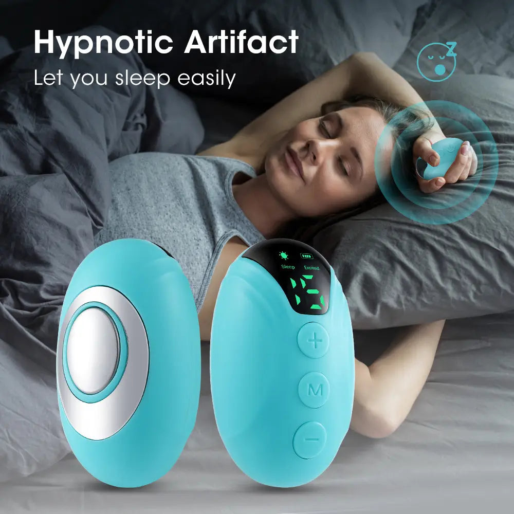 Teal Hypnotic Artifact microcurrent pulse massage device for sleep aid and relaxation.