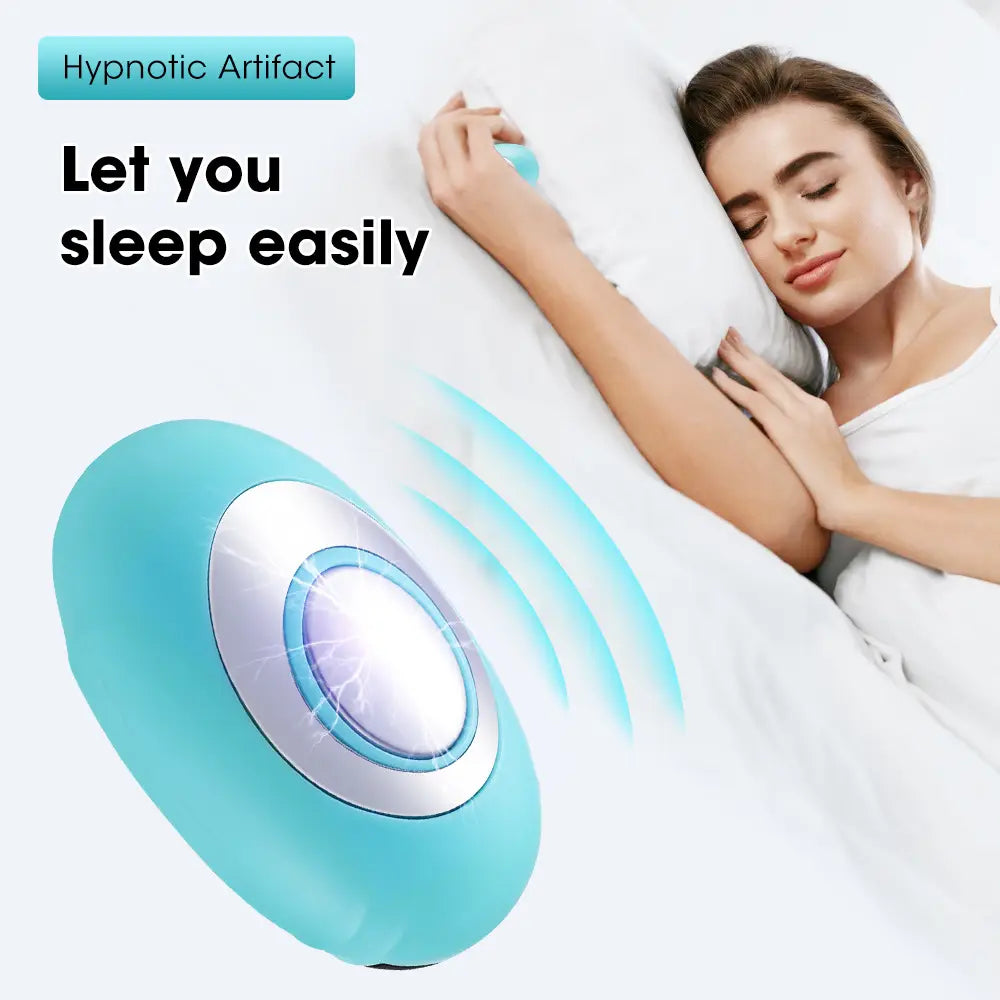 Circular teal microcurrent pulse massage device labeled Hypnotic Artifact for sleep aid.