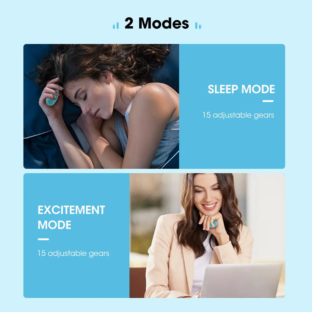 Humorous Sleep Mode vs Excitement Mode comparison for Microcurrent Pulse Massage Device.