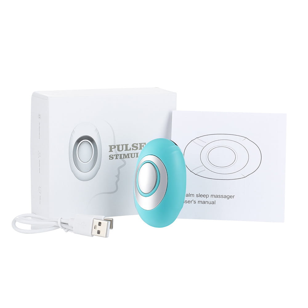 Teal and white Microcurrent Pulse Massage Device for safe relaxation and wellness.