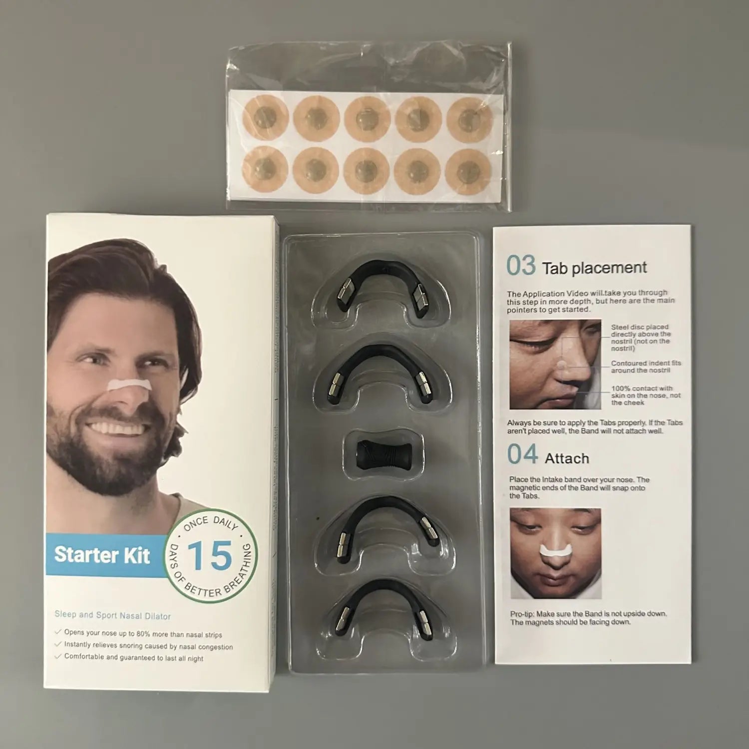 Starter kit for Magnetic Nasal Strips and nasal breathing dilators to enhance sleep quality.