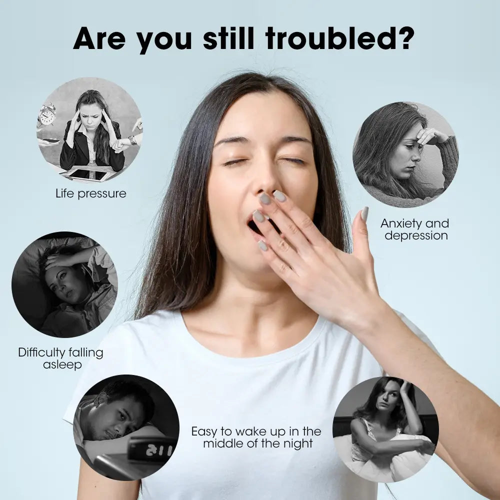 Woman yawning with closed eyes, surrounded by images of mental health issues, using Microcurrent Pulse Massage Device.