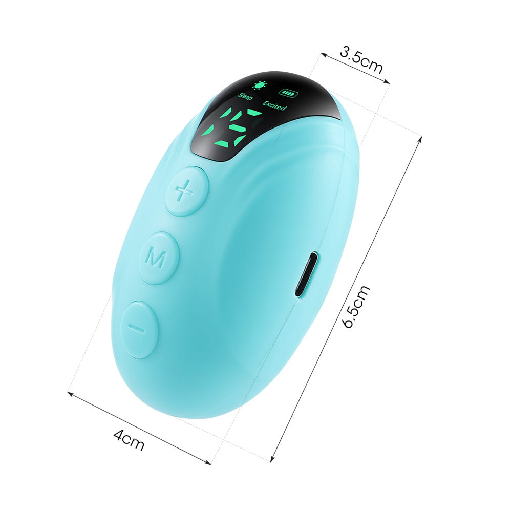 Teal egg-shaped microcurrent pulse massage device for safe relaxation and anxiety relief.