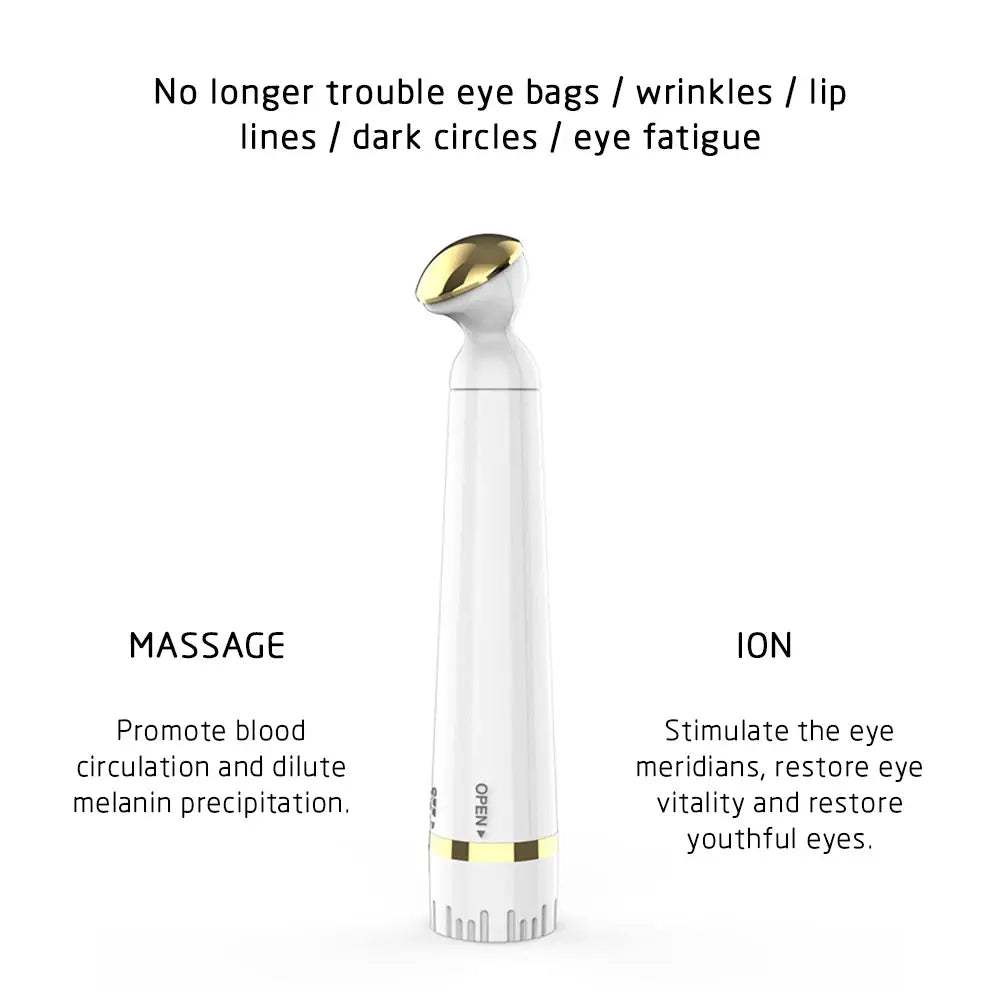 White cylindrical eye massage device with gold tip for Nano Ionic Facial Steamer.