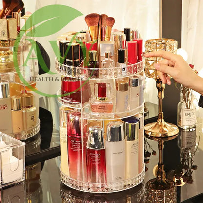 Rotating makeup organizer filled with beauty products