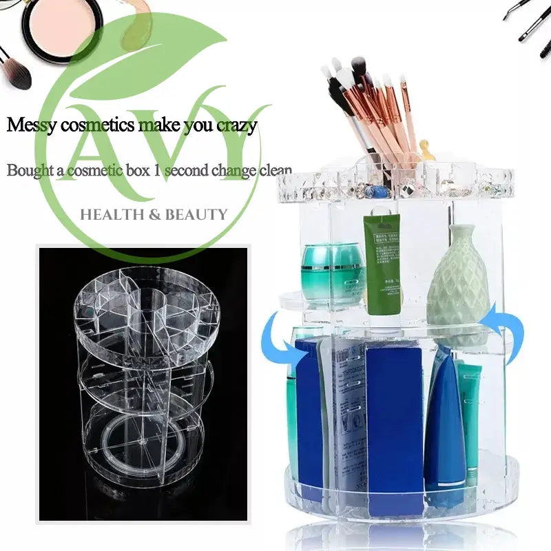 Clear rotating makeup organizer with skincare products