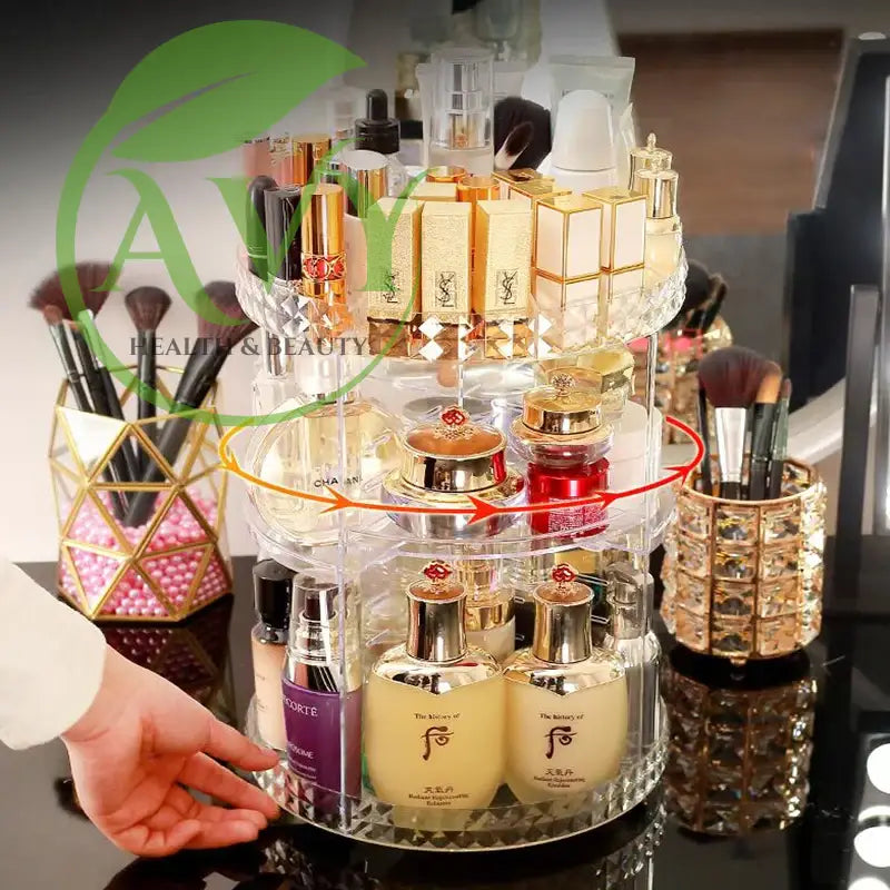 360-degree rotating makeup organizer with cosmetics