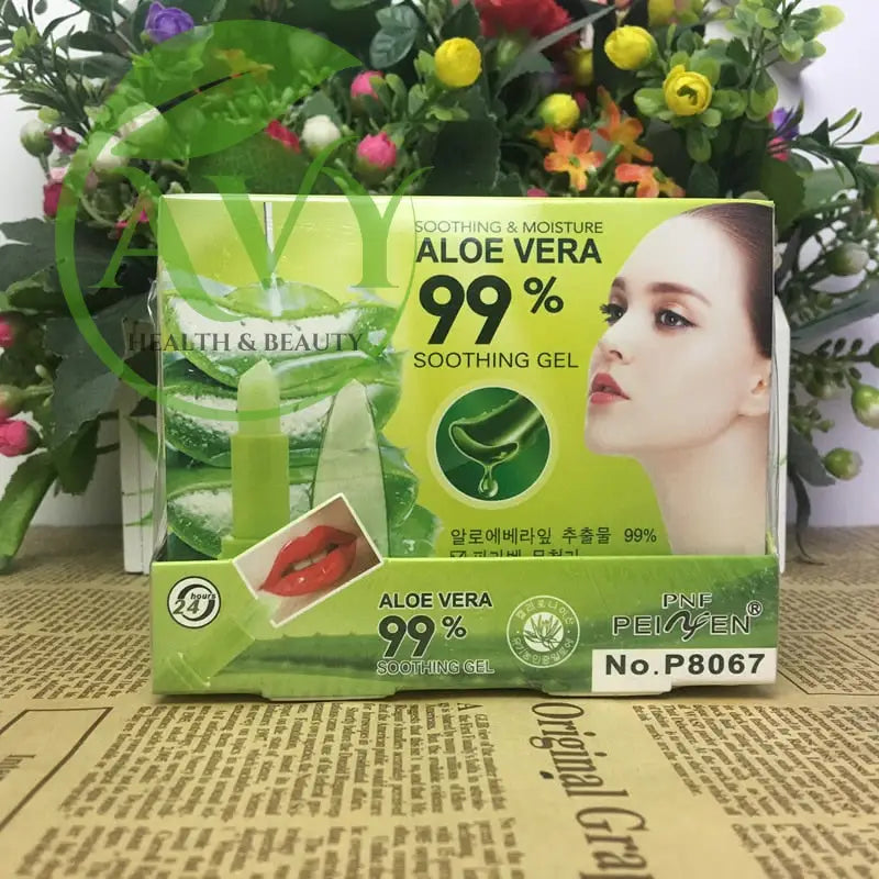 Aloe Vera 99% soothing gel packaging with floral background