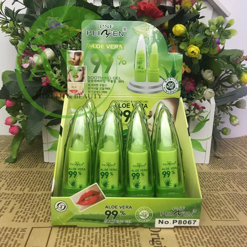 Display box of Aloe Vera 99% soothing gel lipbalms