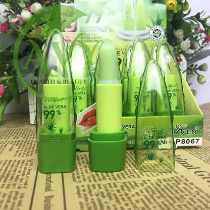 Aloe Vera lipbalms in green packaging with display box