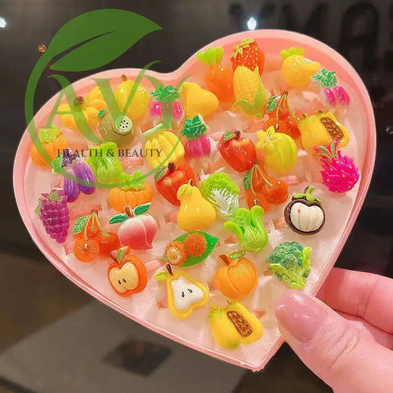 Cartoon Princess Ring Set - Fun Resin Jewelry for Little Girls Perfect Kindergarten Gift - Fruit (36 pieces randomly)