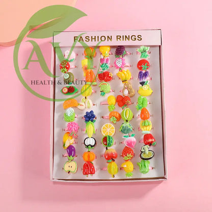 Cartoon Princess Ring Set - Fun Resin Jewelry for Little Girls Perfect Kindergarten Gift - Fruit (50 pieces randomly)