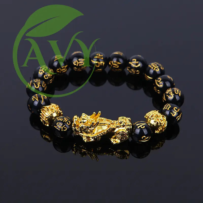 Feng Shui Black Beads Alloy Wealth Bracelet with Golden Pixiu Charm - Unique Gift - 10cm