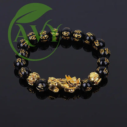 Feng Shui Black Beads Alloy Wealth Bracelet with Golden Pixiu Charm - Unique Gift