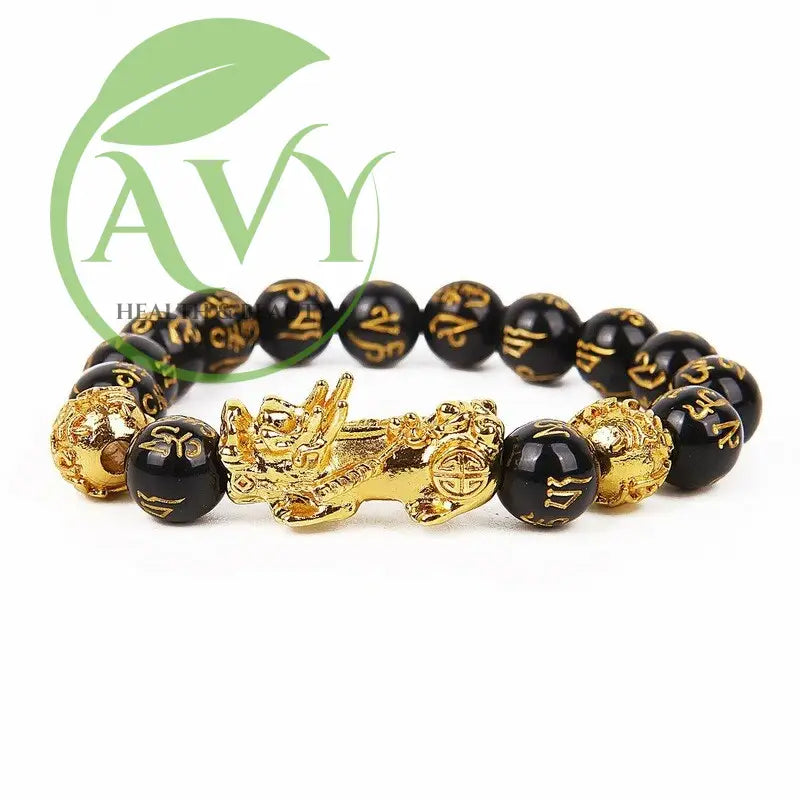 Feng Shui Black Beads Alloy Wealth Bracelet with Golden Pixiu Charm - Unique Gift