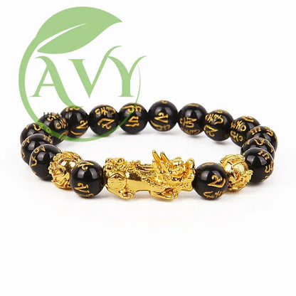 Feng Shui Black Beads Alloy Wealth Bracelet with Golden Pixiu Charm - Unique Gift