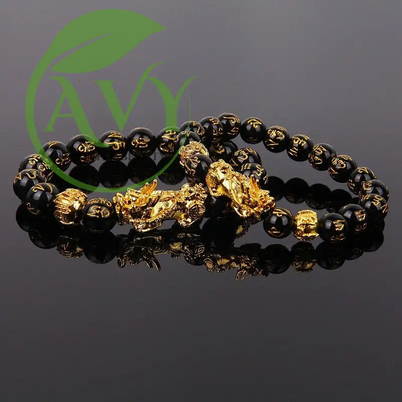 Feng Shui Black Beads Alloy Wealth Bracelet with Golden Pixiu Charm - Unique Gift