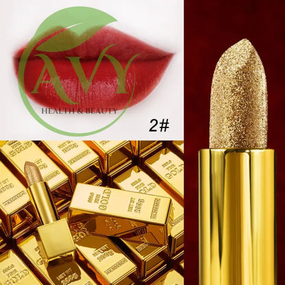 Gold lipstick with glitter and red lip color