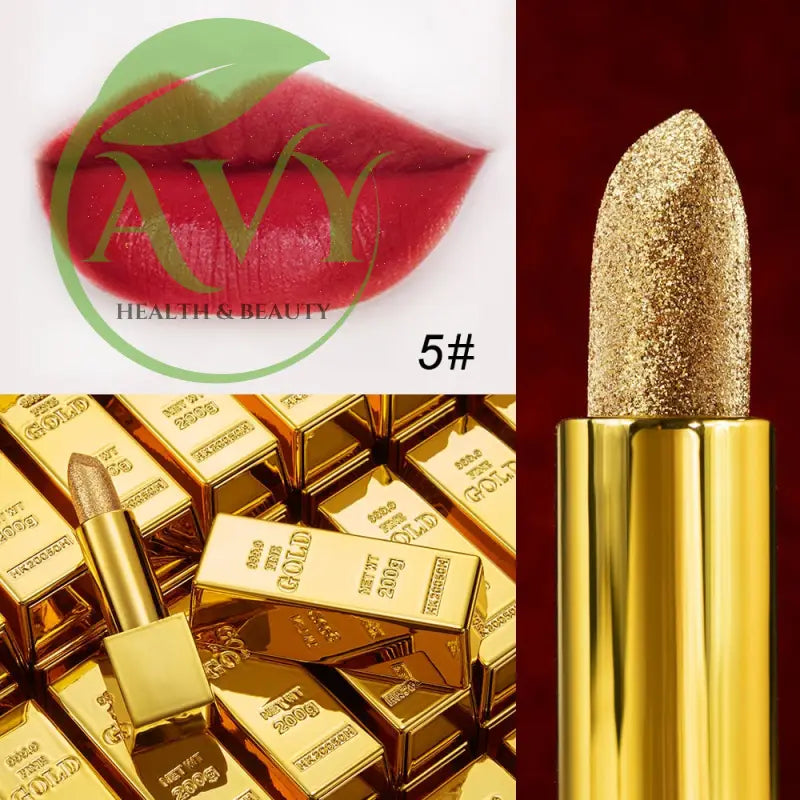 Gold lipstick with glitter and deep red lip color