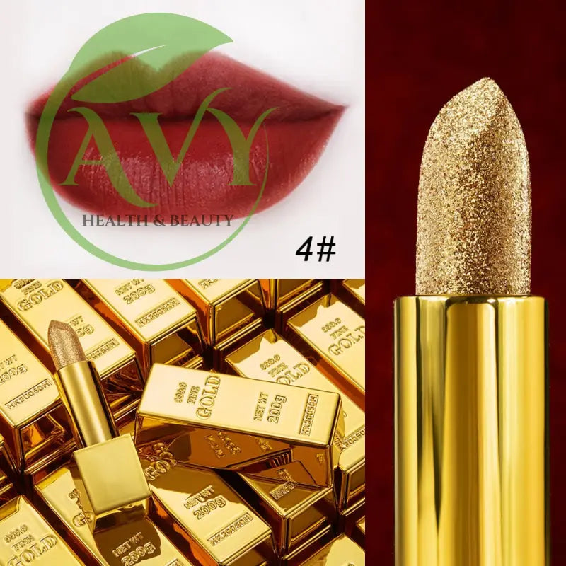 Gold lipstick with glitter and dark red lip color