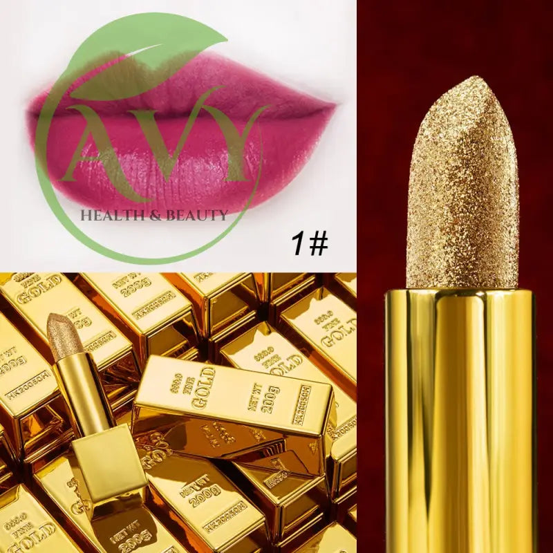 Gold lipstick with glitter and pink lip color