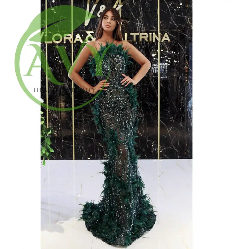 Luxurious Green Feather Sleeveless Maxi Evening Party Dress - Elegant Formal Gown - gown,evening dress