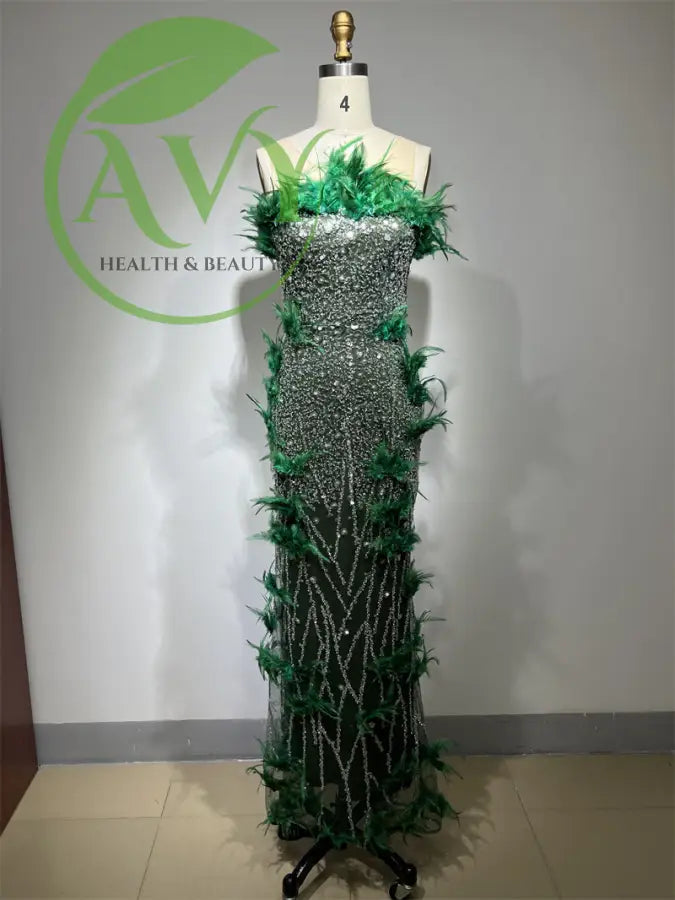 Luxurious Green Feather Sleeveless Maxi Evening Party Dress - Elegant Formal Gown - gown,evening dress