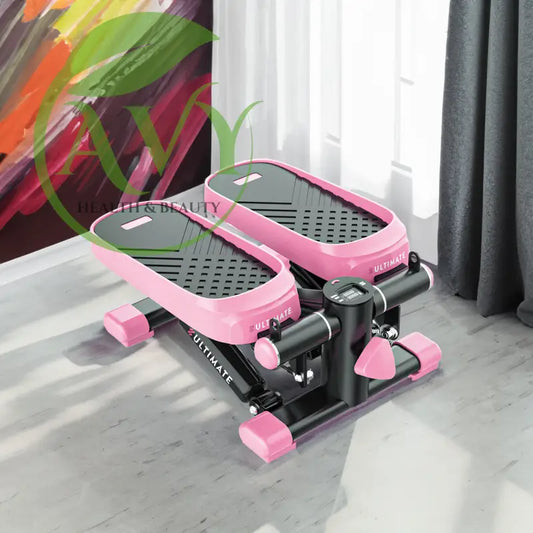 Pink Mini Stepper with Resistance Bands and LCD Monitor for Home Office Exercise