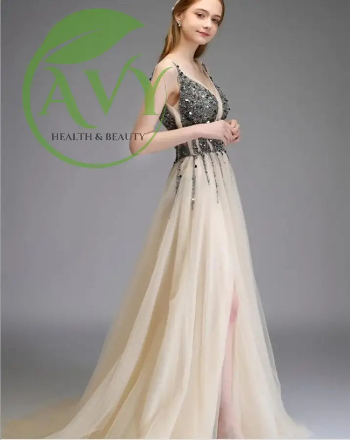 Sleek Backless Prom Dress with Beaded Detail and Split Hem - Champagne / 2 - gown,dress