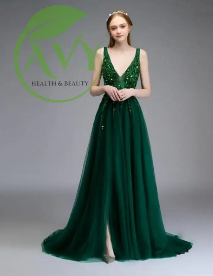 Sleek Backless Prom Dress with Beaded Detail and Split Hem - Green / 2 - gown,dress