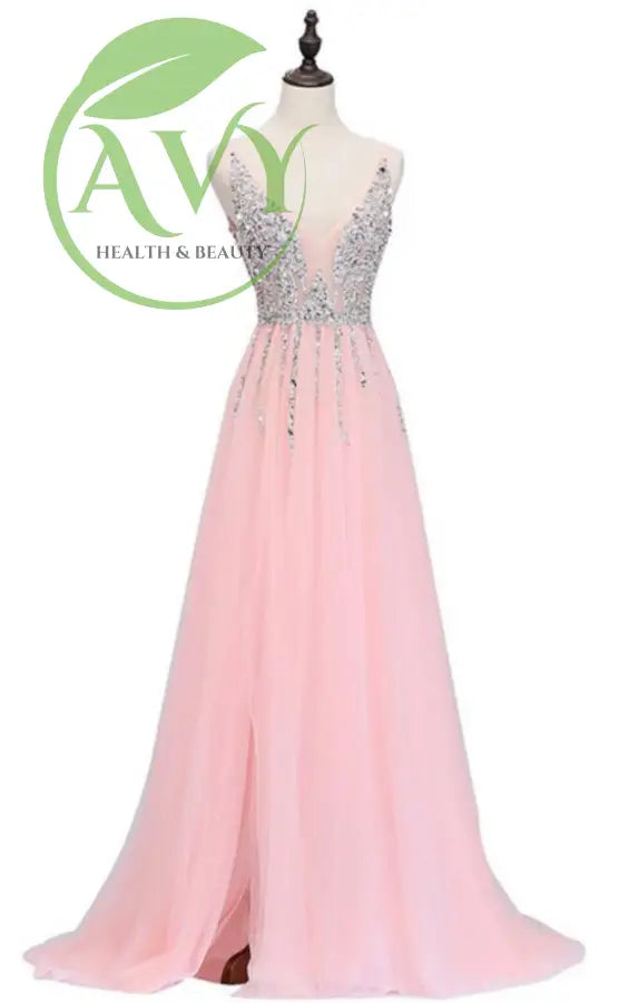 Sleek Backless Prom Dress with Beaded Detail and Split Hem - Pink / 2 - gown,dress