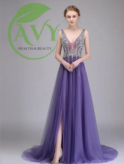 Sleek Backless Prom Dress with Beaded Detail and Split Hem - Purple / 2 - gown,dress