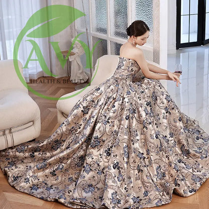 Strapless Jacquard Satin A-Line Celebrity Prom Ball Gown with Train and Princess Sleeves - gown,evening dress